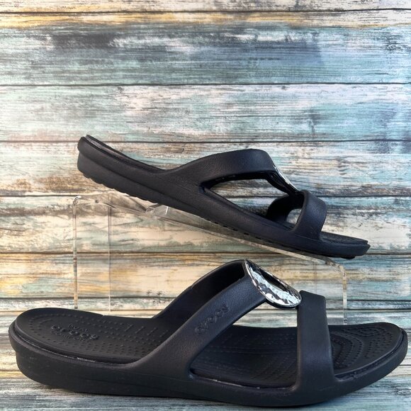 Crocs Sanrah Slide Sandal Womens Sz 11 Black Rubber Wedge Slip On Comfort Casual - Picture 3 of 11